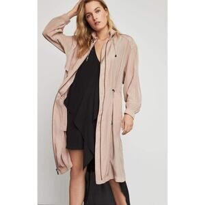 BCBGMAXAZRIA Quinn Long Trench Coat Full Zip Drawstring Jacket Cinch Waist Pink